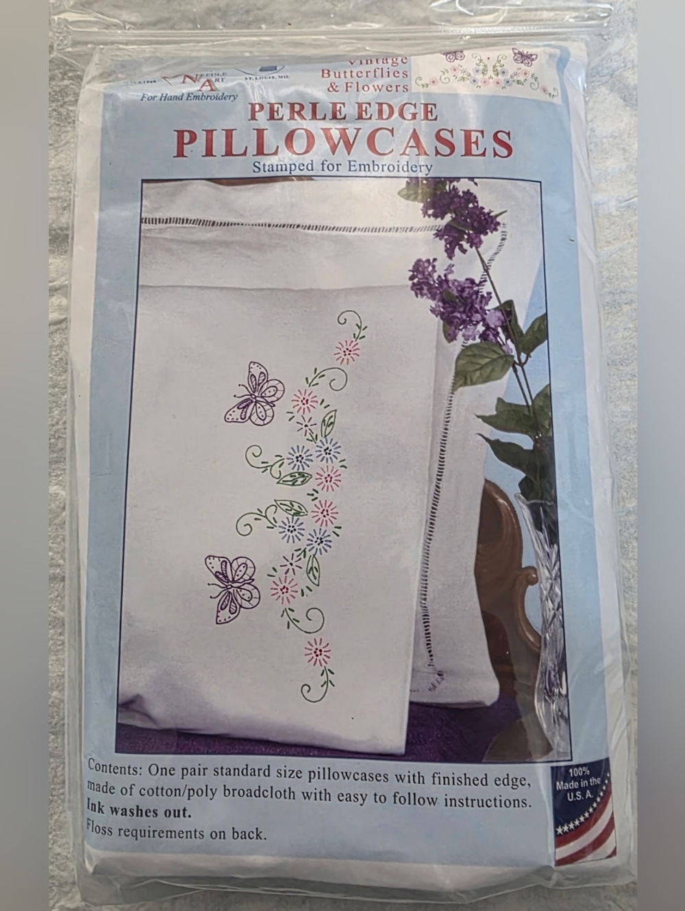Floral Butterflies Perle Edge Pillowcases Stamped For Embroidery With Floss